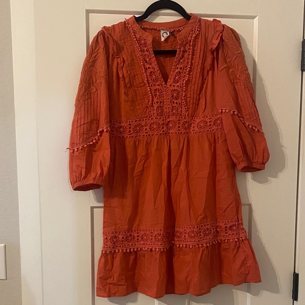 Anthropologie Orange Embroidered V-Neck Babydoll Dress